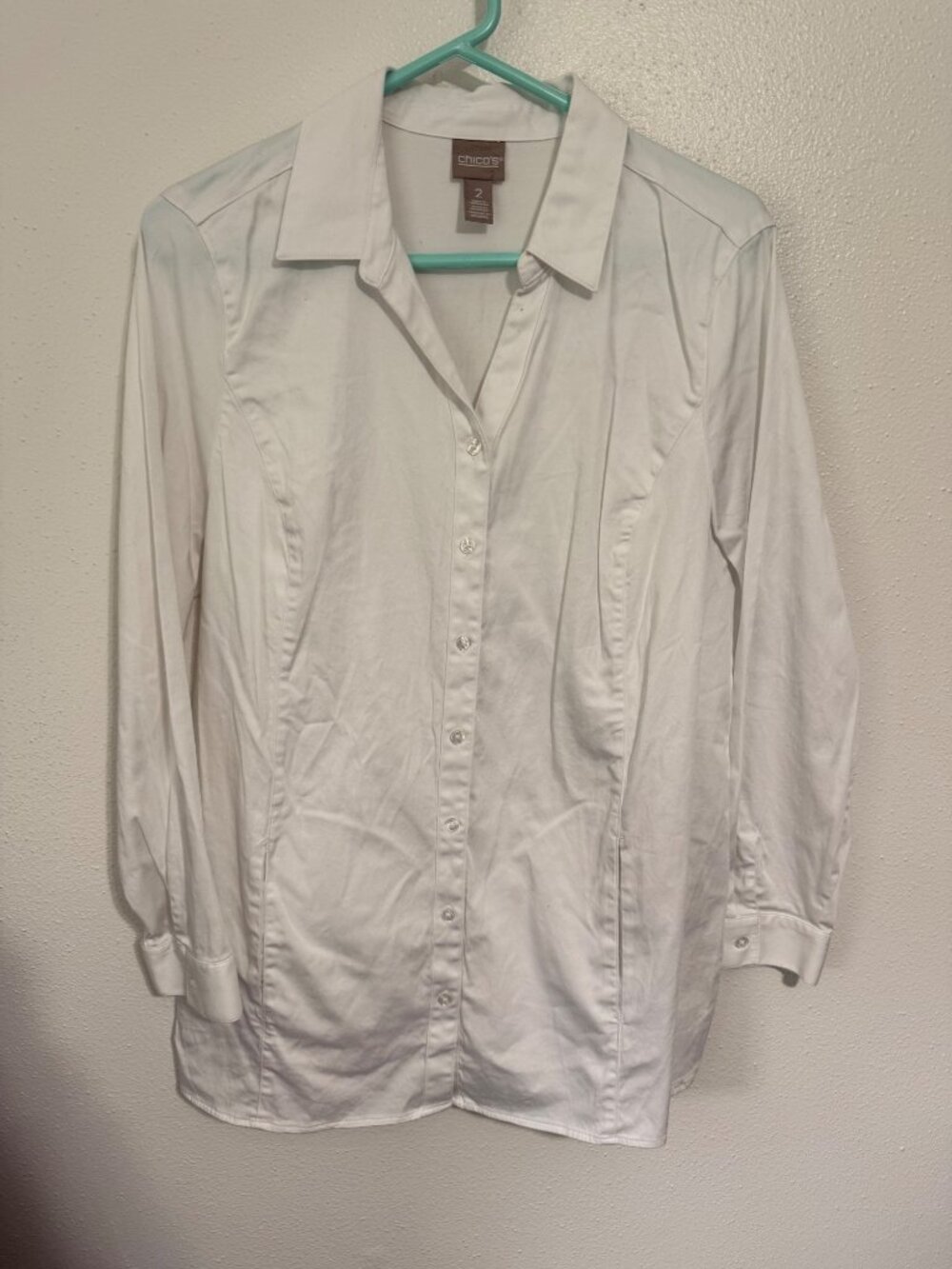 Chico's Button Down Shirt Fitted Stretch White L/S Womans 2/L